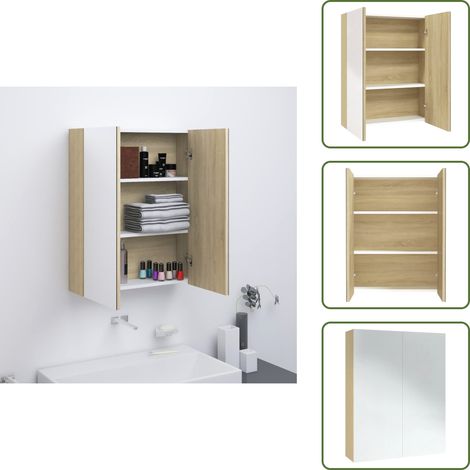 Armoire à miroir de salle de bain 60x15x75cm MDF Blanc et chêne - Meuble De Salle De Bain - Armoire De Salle De Bain - Meuble Lavabo - Armoire Miroir - Rangement Salle De Bain (1/5)