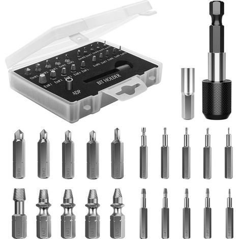 Broken Screw Extractor Kit, 22-Piece Upgraded HSS 4341 Alloy Steel Extractor Tools with Drill Bits, 2 Magnetic Extension Bit Holders, Socket Adapter for Damaged Bolts, Black (1/5)