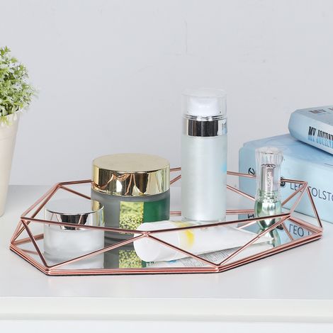 Miroir de salle de bain hexagonal en métal doré, plateau de rangement pour cosmétiques et bijoux. (1/5)