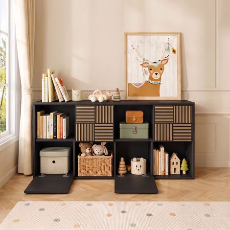 Modulares Bücherregal 125 x 30 x 60 cm, Holzregal mit 8 Fächern und 4 Türen mit Reliefmuster für Wohnzimmer, Schlafzimmer oder Büro, Schwarz (1/5)