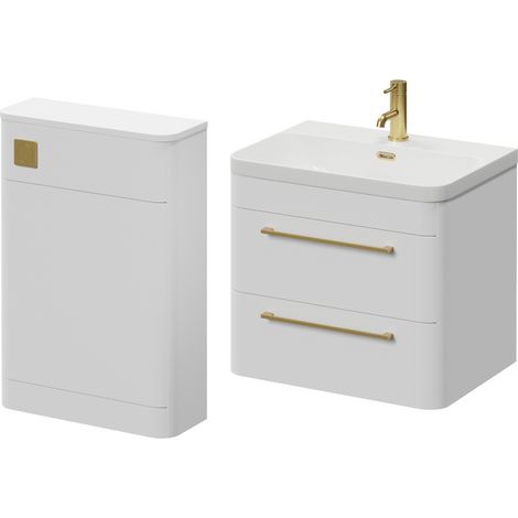 Oslo Gloss White 1150mm Wall Mounted Vanity Unit Toilet Suite with Fina Basin - 1150mm - Brushed Brass 320mm HandleWithout Jubilee Toilet Pan