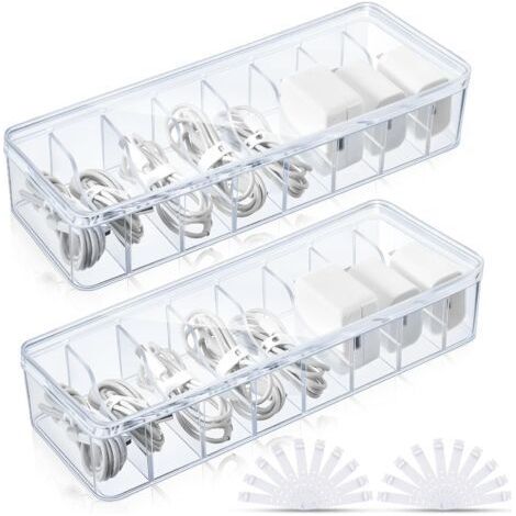 BUNTHAUS Boîte de rangement de câbles avec 10 attaches de câble, boîte de rangement de câbles en plastique transparent avec couvercle, boîte de rangement de chargeur électronique pour boîte de rangeme (1/5)
