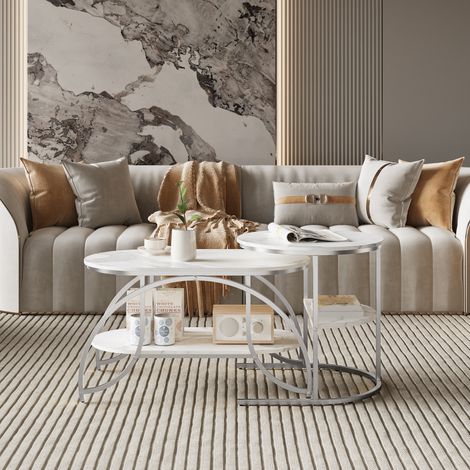 JOOKGBD- 2er Set Beistelltische, stapelbare niedrige Tische, runde Tischplatte, Couchtisch mit Stauraum, Wohnzimmertisch für Wohnzimmer Balkon Büro, Metallrahmen, Marmor-Optik, Silber