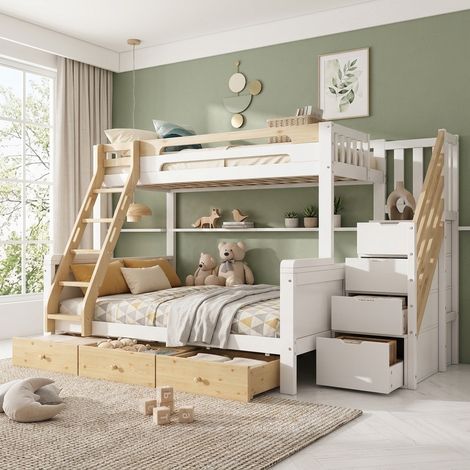 Lit superposé familial 90x200/140x200 en bois avec escalier de rangement,3 tiroirs,lit superposé 3 place,cadre de lit enfant,blanc+naturel (1/5)