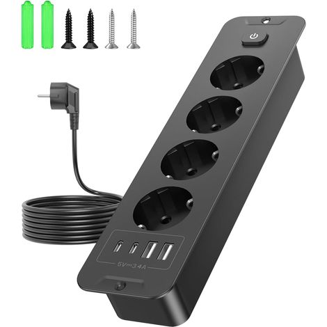 Prise encastrable escamotable avec USB - 4 Prises 4 Ports USB (2X USB-C PD20W) Rallonge 2 m - Multiprise avec USB pour Bureau, Cuisine, Salon, hôtel (1/5)