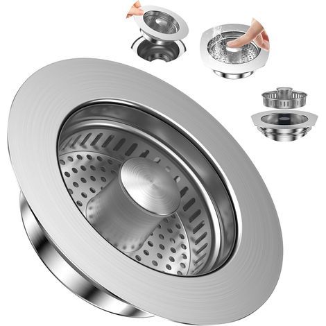 Filtre d'évier de cuisine et bouchon de lavabo pour une profondeur 40 mm, trou d'évier 75-86 mm, 3 en 1 Pop-Up Bouchon de vidange en acier inoxydable (1/5)