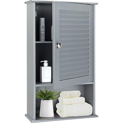 COSTWAY Armario de Baño de Pared con Puerta y 3 Estantes, Armario Colgante, Armario Almacenamiento Toalla Ducha Organizador, 42 x 17 x 70 cm (Gris) (1/5)