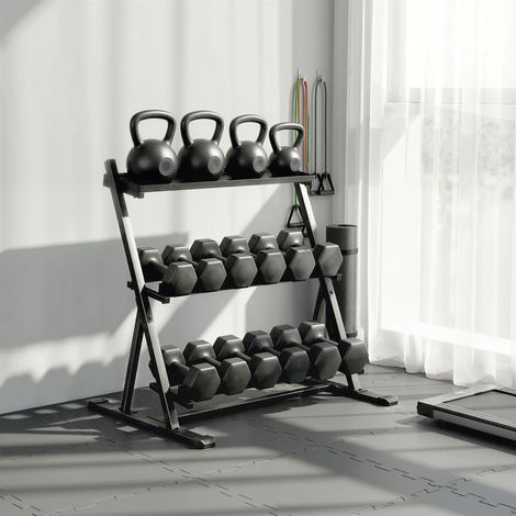 Support pour haltères à 3 niveaux, support de poids réglable en acier pour haltères, kettlebells, noir