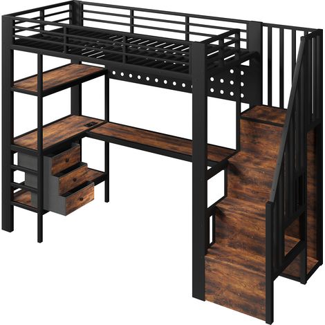 Mezzanine-Bett 90 x 200 cm aus Metall und MDF, schwarz, mit Schreibtisch, Schubladen und LED (1/5)