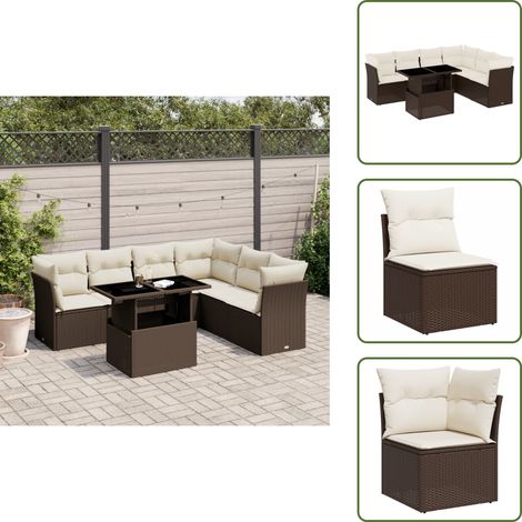 7-tlg. Garten-Sofagarnitur mit Kissen Braun Poly Rattan - Gartensortiment - Gartenmöbelset - PE-Rattan Möbel - Outdoor Sofa - Lounge Set