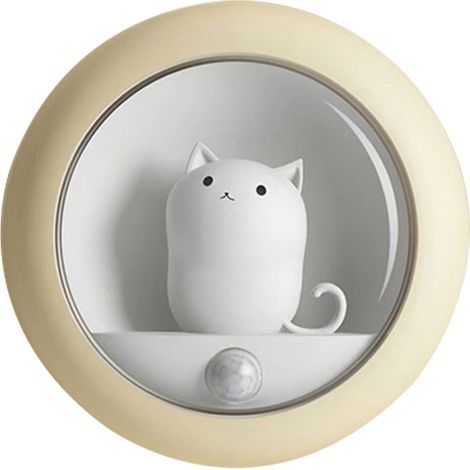 Veilleuse chat à détecteur de mouvement, idéale pour les petites filles amoureuses des chats. Batterie rechargeable, aimant intégré et 2 niveaux de luminosité (Jaune).