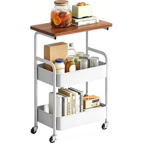 Chariot à roulettes en métal à 3 niveaux avec plateau en bois et tableau enfichable – Chariot de cuisine avec roulettes et frein – Chariot de service stable pour cuisine, bureau, salle de (1/5)