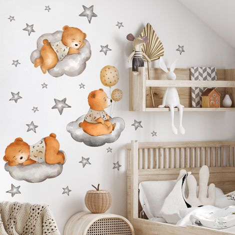 Lntyq Un ensemble d'autocollants muraux, oursons, nuages, étoiles, décoration murale pour salon, bureau, chambre à coucher, cuisine, autocollants amovibles