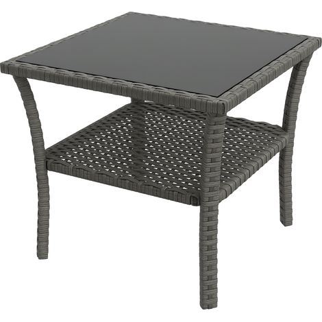 Table de jardin carrée en rotin PE gris avec étagère, plateau en verre et structure acier, charge max. 30 kg, 50 x 50 x 45 cm (1/5)