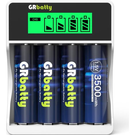 4 Piles AA Lithium Rechargeables, 1,5V 3500mWh, Chargeur 1,5 h Charge rapide, 1500 cycles, Pour télécommandes, horloges murales, réveils, stations météo, thermomètres hygromètres (1/5)