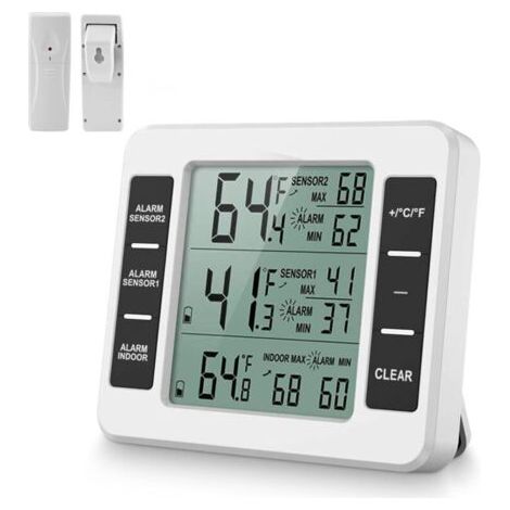 BARKBUSTERS Thermomètre de réfrigérateur numérique,écran LCD, thermomètre de réfrigérateur intérieur/extérieur avec 2 capteurs sans fil et alarme audio pour la maison, le restaurant et le bar, Thermom (1/4)