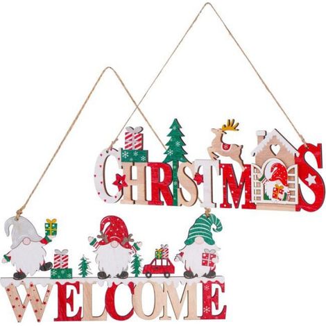 Lot de 2 Panneau suspendu en bois,Bienvenue,Décoration de Noël,Intérieur et Extérieur,Sapin (1/5)