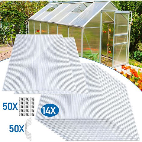 Jiubiaz 14x Plaques de polycarbonate creux 4mm 121x60,5cm 50 clips vitrage serre de jardin 10,25m² résistant UV double paroi isolante alvéolaire