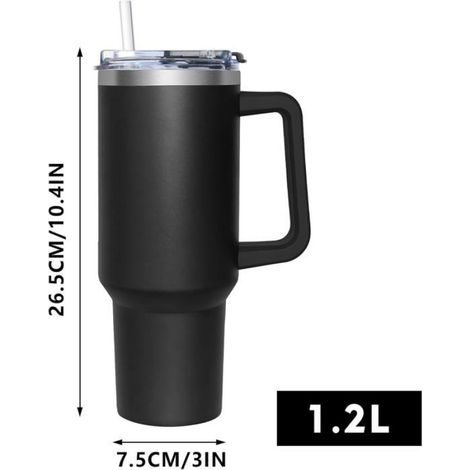 Mug isotherme noir avec couvercle et paille, grande capacité 1200 ml, en acier inoxydable 304, mug de voyage. (1/4)