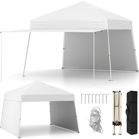 GOPLUS Tonnelle de Jardin Exterieur 430 x 280 x 254/264 CM, avec 2 Parois Latérales, Tente Pliante Montage Facile, Abri Solaire Extérieur avec Pieds Ajustables, 8 Piquets, 4 Cordes, Sac (Blanc) (1/5)