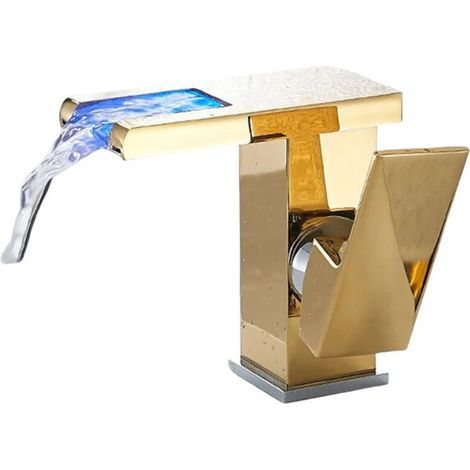 Robinet cascade de salle de bain à cascade avec éclairage LED à changement de couleur - Style moderne - Doré (1/2)