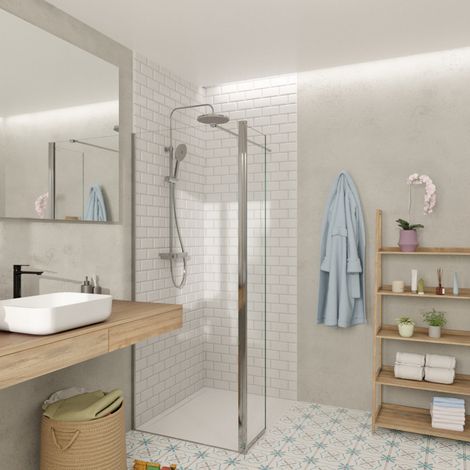 Swiss Aqua Technologies Walk-in 90x200cm Pared giratoria y retorno en cristal Crystal Glass® 8 mm antical , con brazos y perfiles en cromo pulido.
