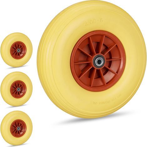 4 x Rueda Carretilla 4.00-6, Goma Maciza, Llanta de Plástico, 3 Adaptadores, Antipinchazos, 100 kg, Amarillo y Rojo