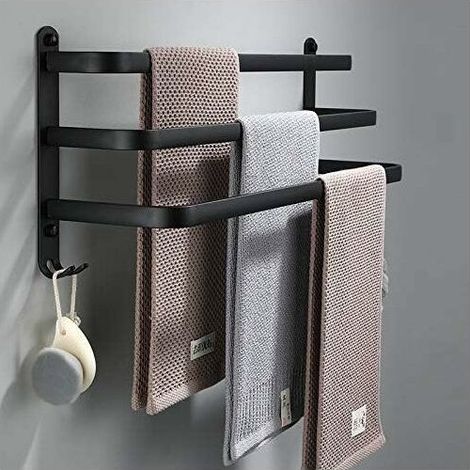 Porte Serviettes Mural en Aluminium, 3 étages Porte Serviette Salle de Bain étagère Serviette avec Crochets, Étanche pour Salle de Bain, Cuisine, Salle de Bain (1/5)