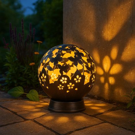 Außenlampe Solarleuchte Kugellampe freistehend, Metall schwarz Dekorstanzungen, 1x LED 0,06 W 3000 K warmweiß rund, DxH 20x21 cm, NINO 59080108