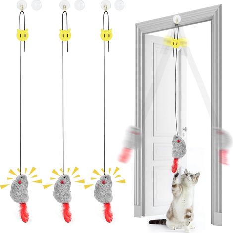 Jouet Chat Interieur 3 Pièces Gris Jeux Chat Interactif Souris Jouets à Suspendre avec Ressort élastique et Couinement, Souris en Peluche Réaliste pour Courir et Lutter Contre Ennui (1/5)
