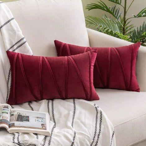 Lot de 2 Housse de Coussin, 30x50cm Decoratifs pour Canapes, en Velours Moelleux, avec Rayures Décoratives,Bordeaux (1/4)