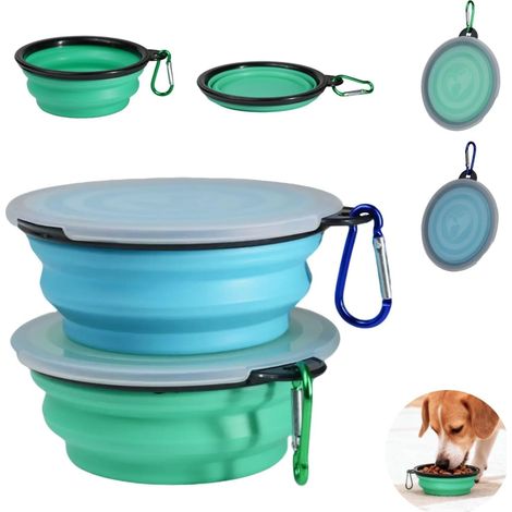 2 x Collapsible Travel Bowls for Dogs and Cats, Leak-Proof Silicone Travel Bowls with Carabiners, Ideal for Food and Water, 450ml, Pale Blue and Pale Green (1/5)
