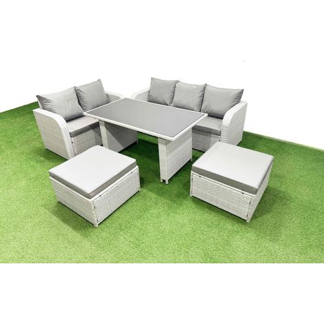 Fimous Garden Furniture Set PE Ratten Garden Sofa Set with Rectangular Dining Table 2 Big Stool Light Grey (1/4)