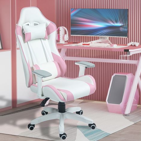 Gaming-Stuhl mit Lendenkissen, verstellbaren Armlehnen, abnehmbarer Kopfstütze und Höhenverstellung, 67 x 60 x 120–128 cm, Rosa