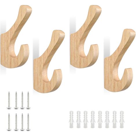 Set de 4 Patère Murale en Bois de Chêne, Double Crochet Porte Manteau Mural, Vintage pour Entrée Chambre Cuisine Balcon – avec Vis et Chevilles (1/5)
