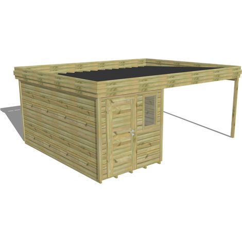ABRI DE JARDIN bois Pin autoclave 27mm - 5,64x4,34m / 24,5m2 - Bac acier - Plancher bois (1/5)