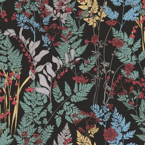 Blumen Tapete Profhome 377511 Vliestapete glatt mit floralen Ornamenten matt schwarz grün gelb rot 5,33 m2
