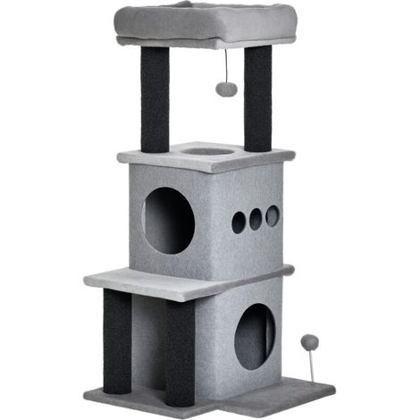 Arbre à chats design cosy chic multi-équipements centre d'activités niches plateformes lit jeu boule feutres amovibles lavables panneaux de particules peluche courte 48 x 48 x 100 cm gris