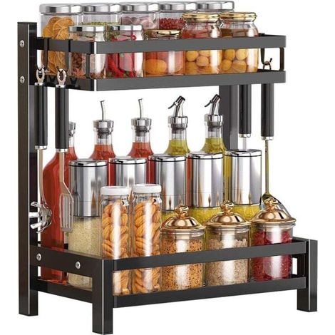 Rustproof Spice Rack 2 Tiers with Hooks Kitchen Storage Organizer Countertop Black 32 x 20 x 40 cm (1/4)