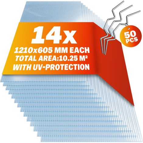GARDEBRUK® 14x Polycarbonate Twin Wall Sheets & 50x Stainless Steel Glazing Clips 10.25 m² 4mm Double Wall Greenhouse Roofing Clear Multi Panels Plastic Outdoor Canopy Cold Frame (1/8)