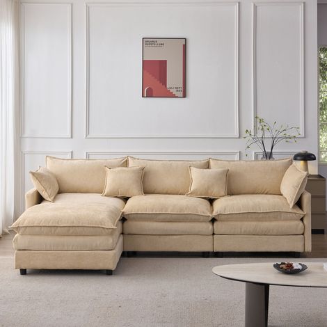 Canapé d'angle modulable en chenille de qualité supérieure – 3 places avec méridienne et pouf, canapé d'angle confortable en forme de L pour petits appartements, salons et pièces à vivre, confort d'as (1/5)