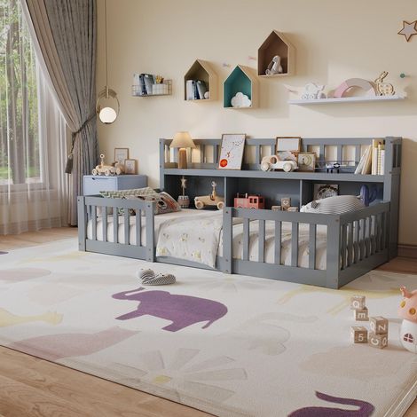 Letto singolo Montessori 90x200 cm con rete e libreria integrata - Letto per bambini in legno massiccio con sponde di sicurezza e ripiani contenitori - Grigio