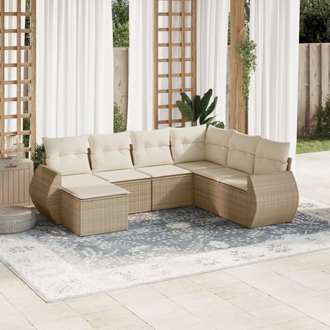 Canapé de jardin 7 pièces en résine tressée beige avec coussins déhoussables – Modulaire, UV résistant, charge 110 kg (1/5)