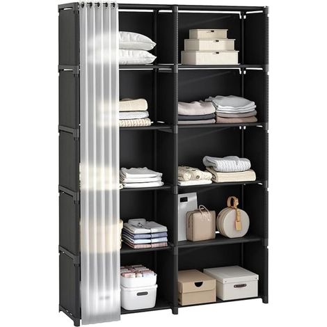 Étagère de rangement à 6 étages, compartiments avec rideaux, bibliothèque portable, noire, meuble de rangement multifonctionnel, idéale pour bureau, chambre et salle de bain. (1/5)