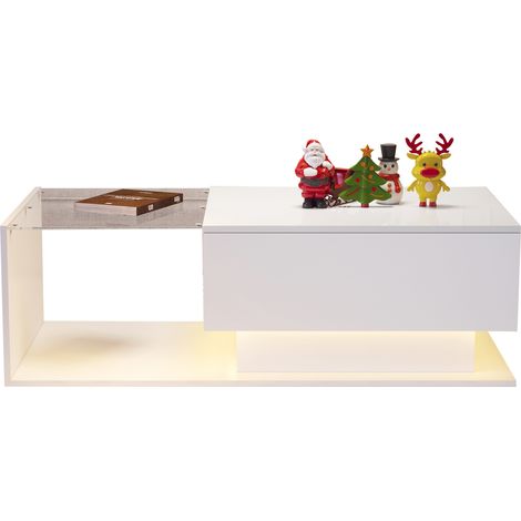 Table basse laquée blanche 100 x 50 x 32 cm avec plateau en verre, 1 tiroir, LED intelligente et rangement pratique pour salon moderne CHICFURN (1/5)
