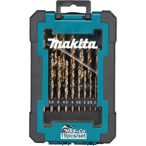 Makita – Ensemble de 19 forets HSS-CO 1-10mm – Acier M35 avec 5% de cobalt – Angle de pointe 135° – Mandrin cylindrique (1/4)