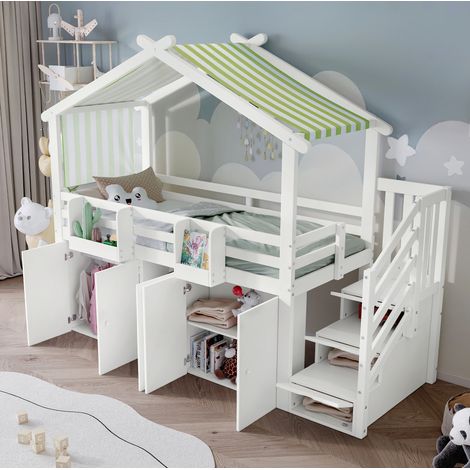Letto a castello per bambini 90 x 200 cm con scala contenitore, armadio, bianco/verde (1/5)