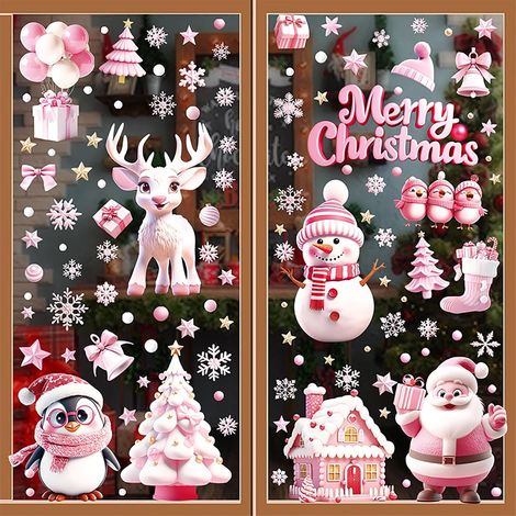 Adornos navideños para ventanas (143 piezas): Papá Noel rosa, muñeco de nieve y reno. Pegatinas decorativas para ventanas. (1/5)
