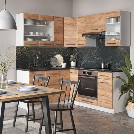 Cucina angolare completa Fame-Line, Quercia dorata/bianco, 160 x 60 cm senza piano di lavoro, Vicco