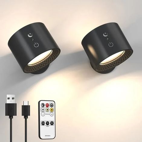 Applique Murale LED Interieur Lot de 2, Lampe Murale Sans Fil avec Télécommande, Rotatifs 360° Lampe de Chevet avec Port de Charge (1/5)